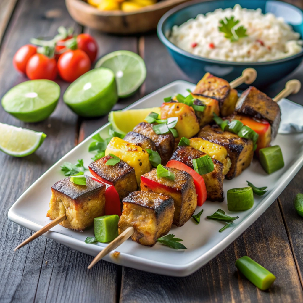 Jamaican finger foods Jerk Tofu Skewers