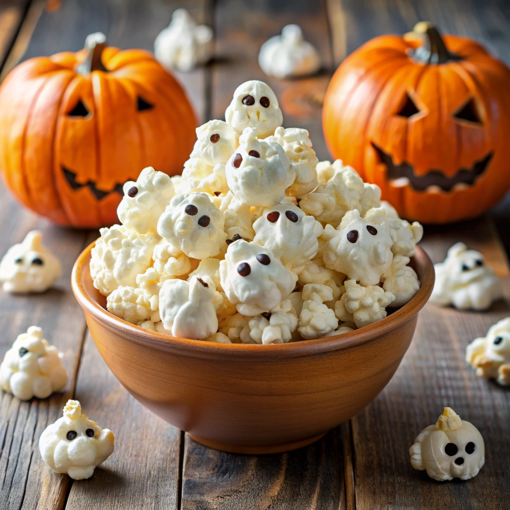 Halloween themed food vegan gluten free ghost-popcorn-balls 