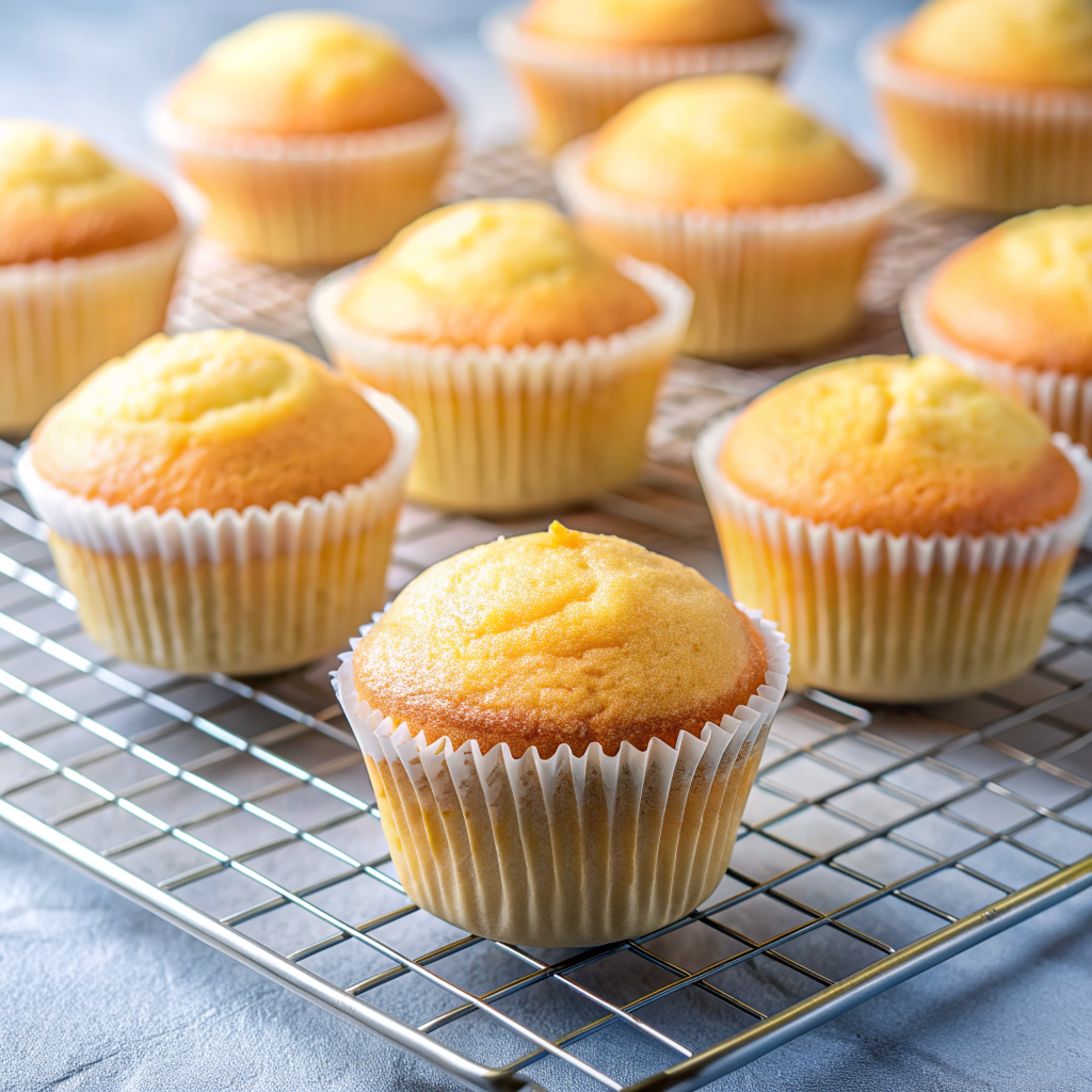 Delicious freshly baked gluten free vegan vanilla cupcakes without frosting on a cooling rack