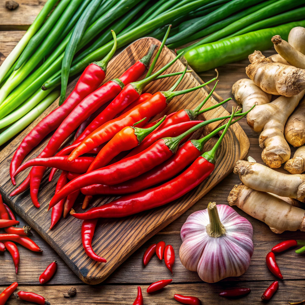 Fresh red chilli peppers, ginger, green onions - Hunan cuisine