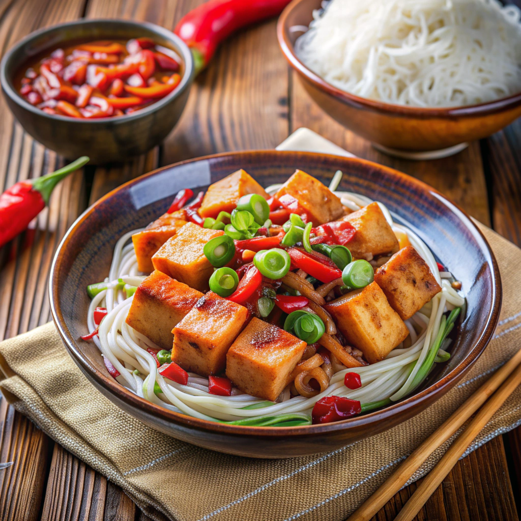 Hunan Tofu served with rice noodles