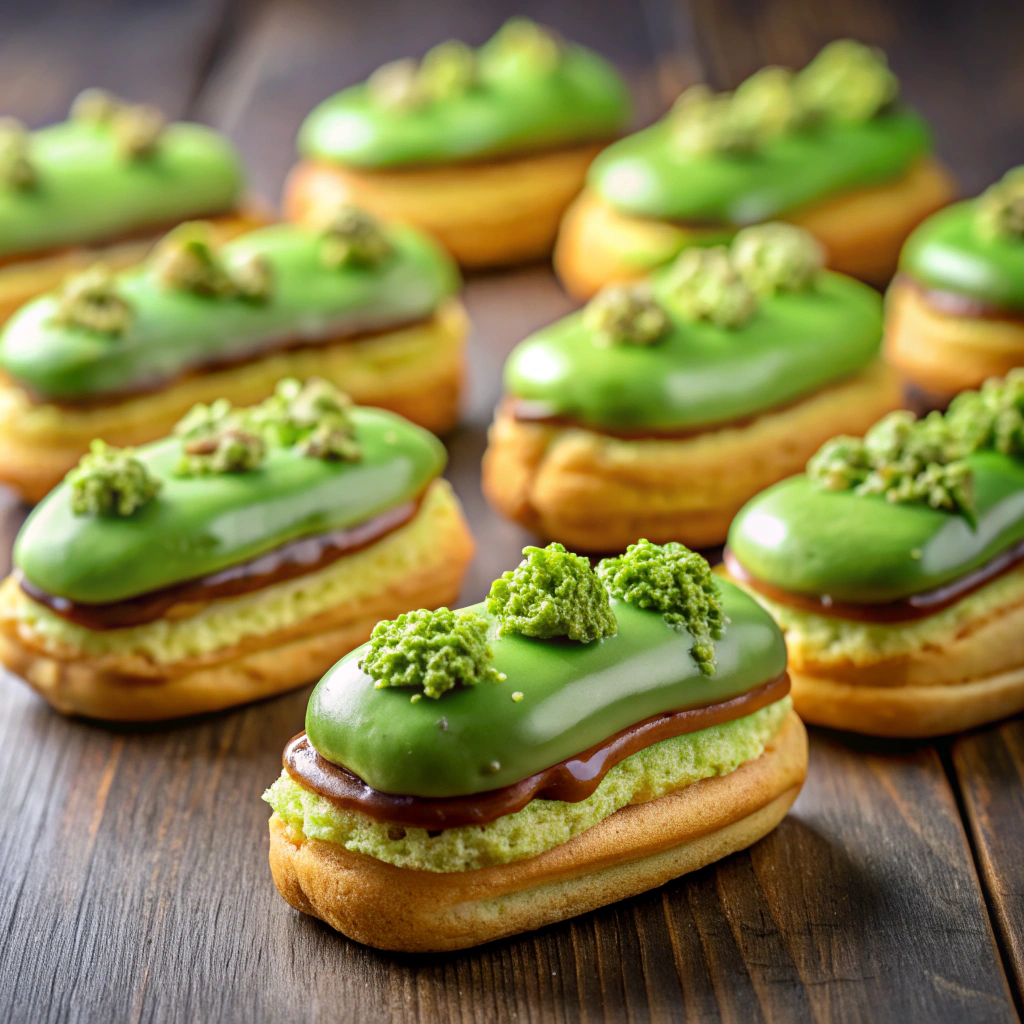 Mini vegan eclairs with peanut flavor topping