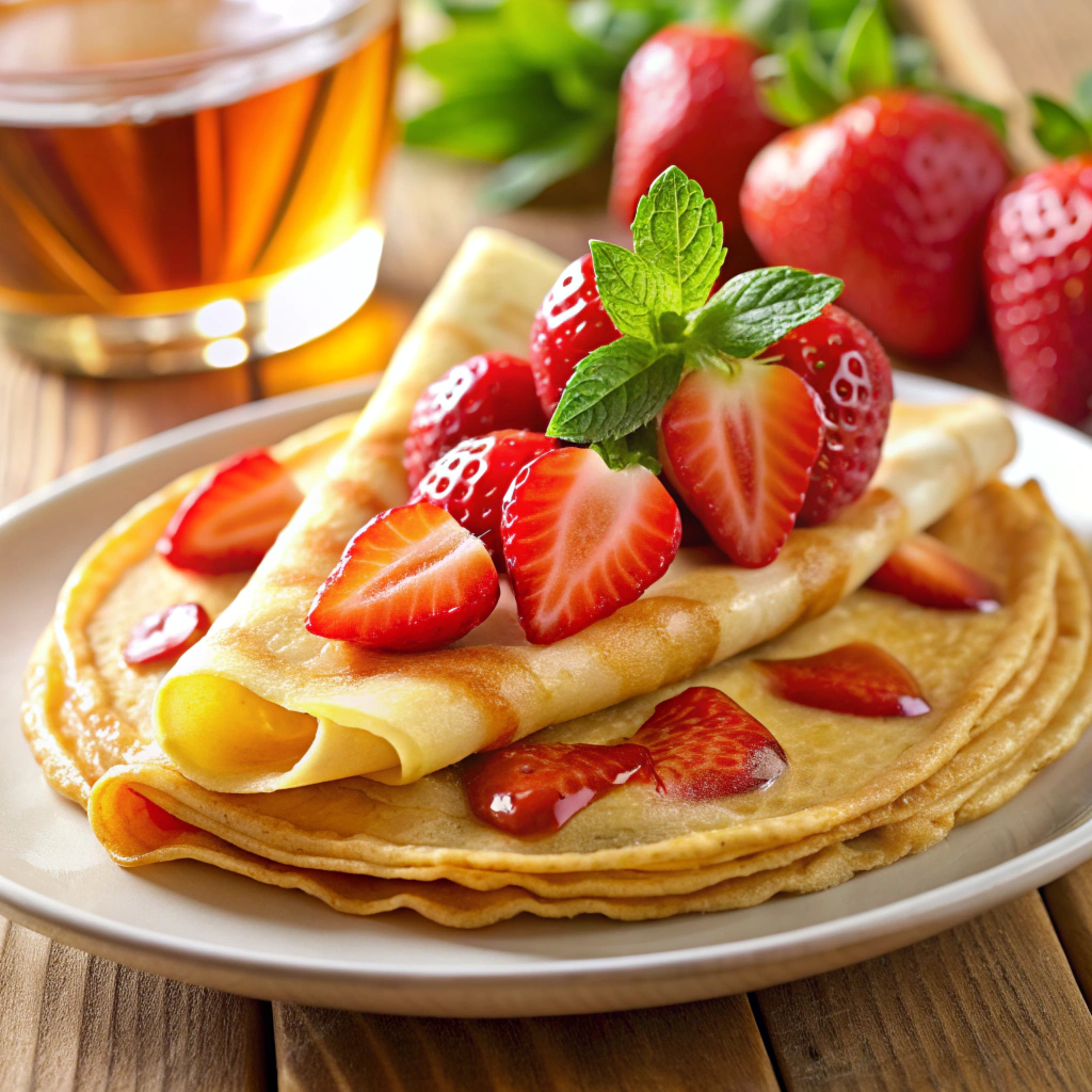 Sweet dairy free crepes served with strawberries and maple syrup