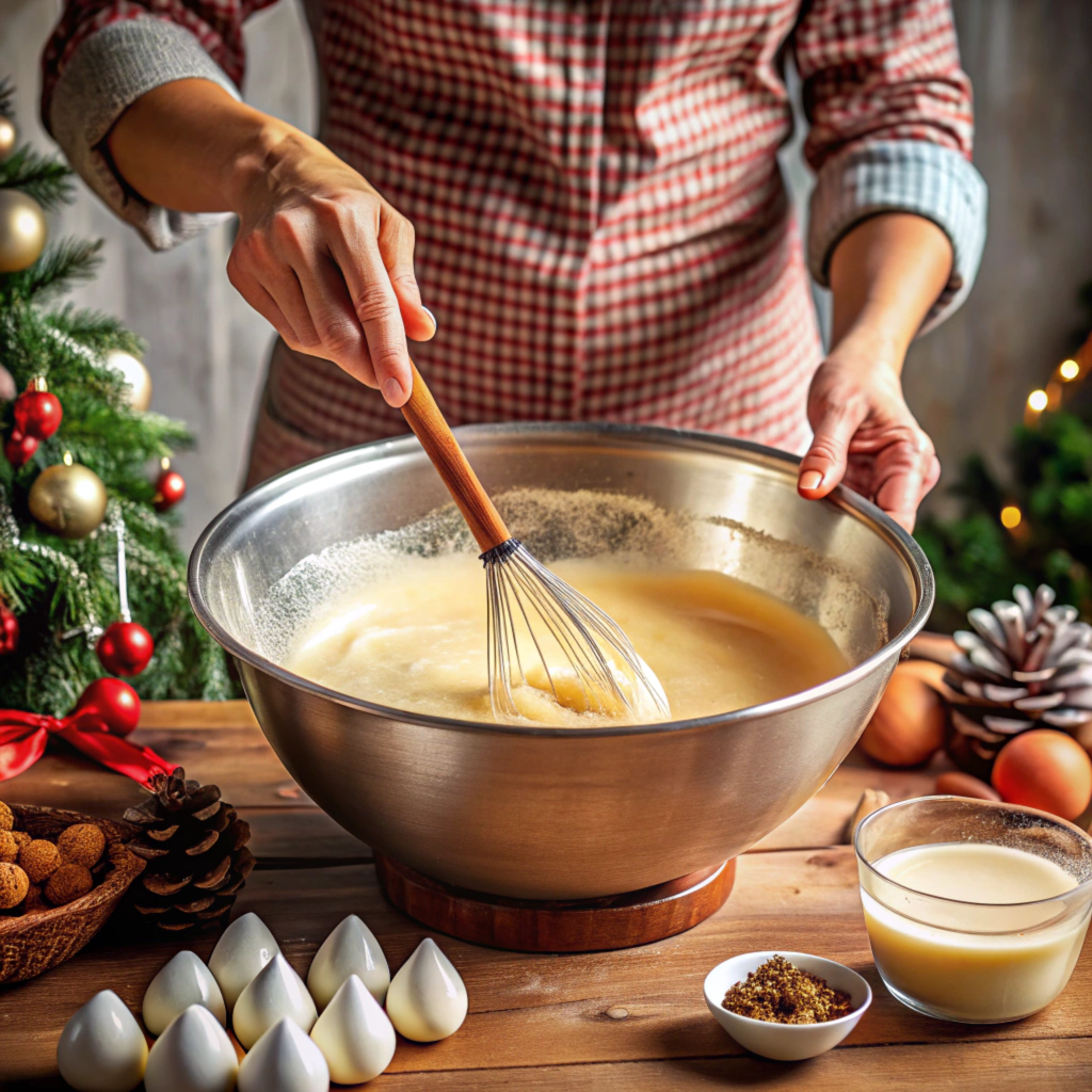 Eggnog cocktail preparation in a large mixing bowl