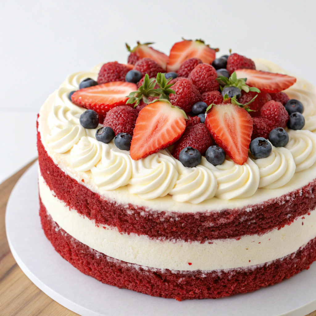 Easy Gluten Free Red Velvet Cake Recipe decorated with cream cheese frosting