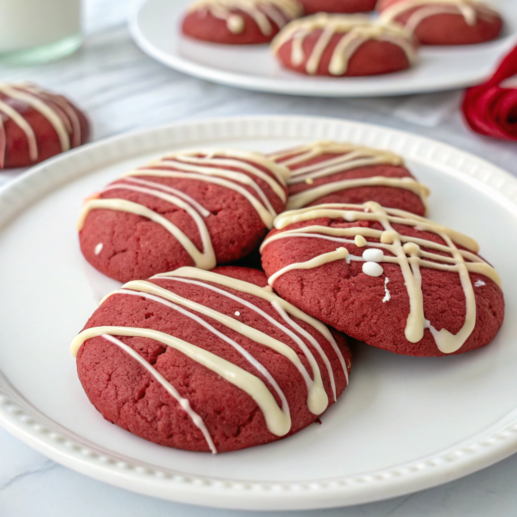 Red Velvet Cookies with cake mix and white chocolate drizzle