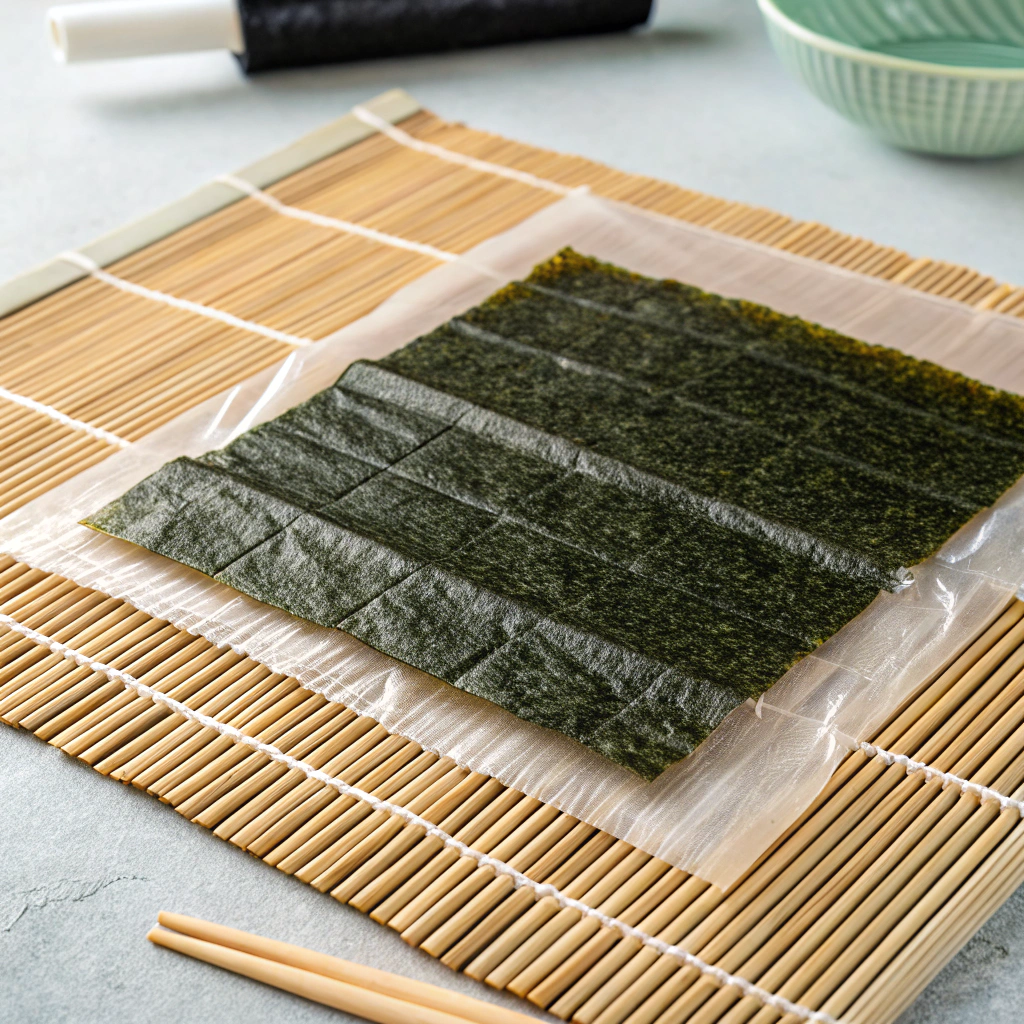 Nori sheet placed on a plastic film on a bamboo sushi mat.