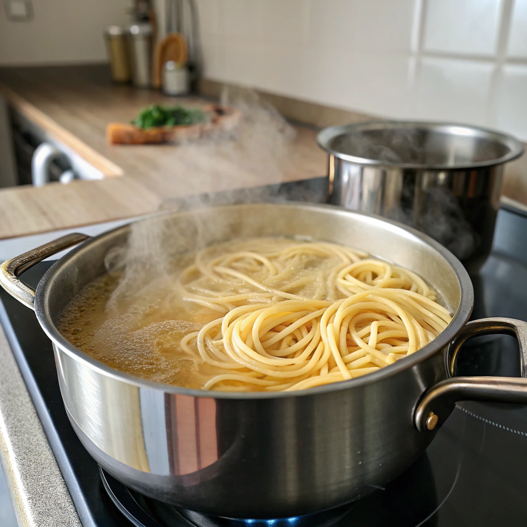 Cooking spaghetti for vegan carbonara