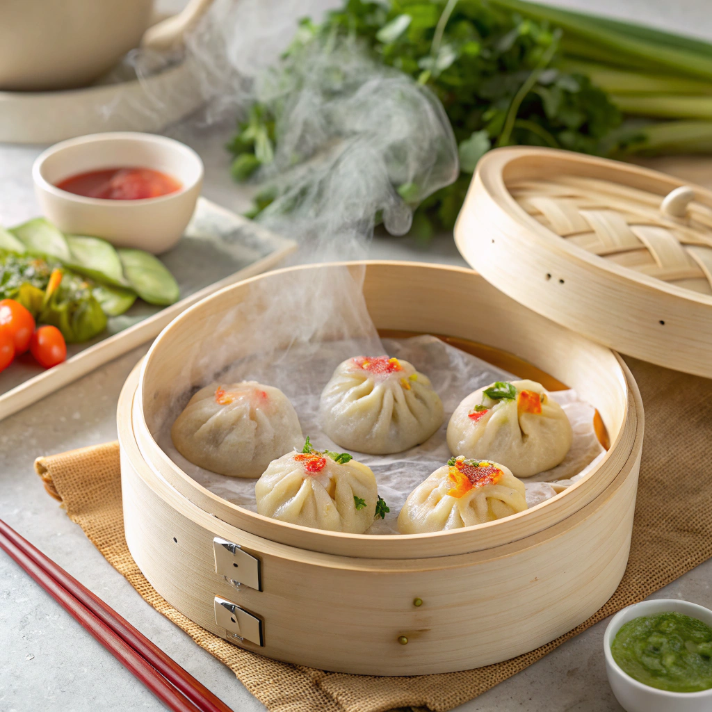 Steamed vegan soup dumplings in a bamboo steamer basket