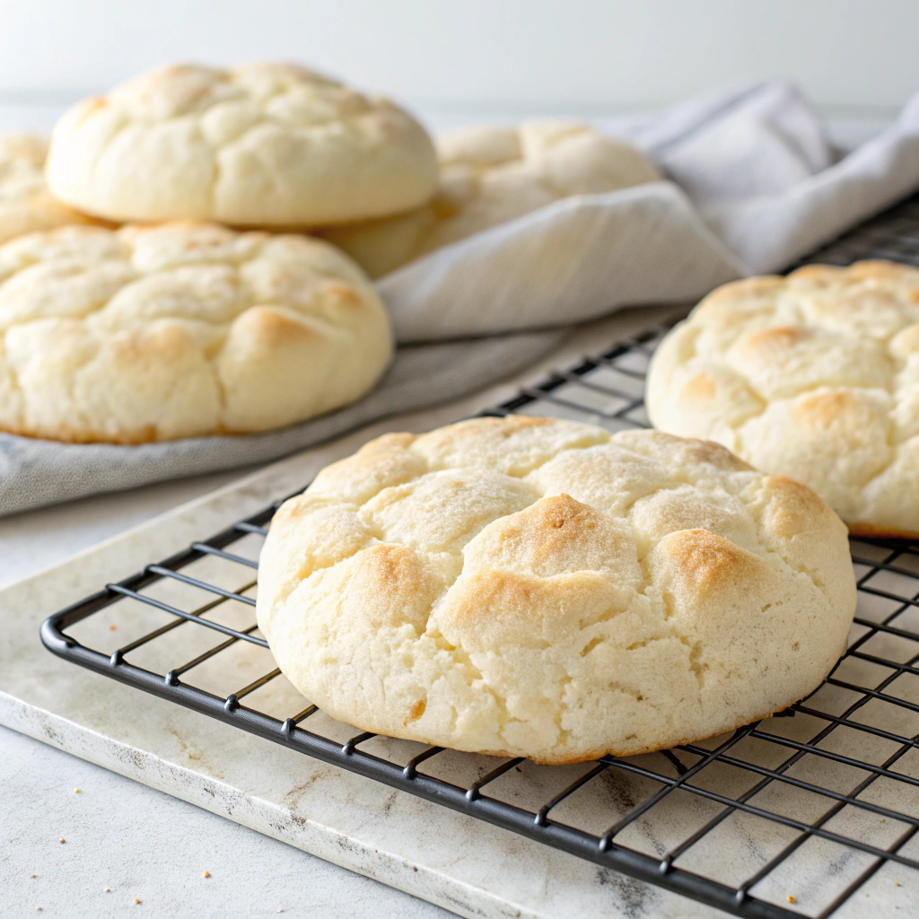 freshly baked vegan cloud bread on a cooling rack