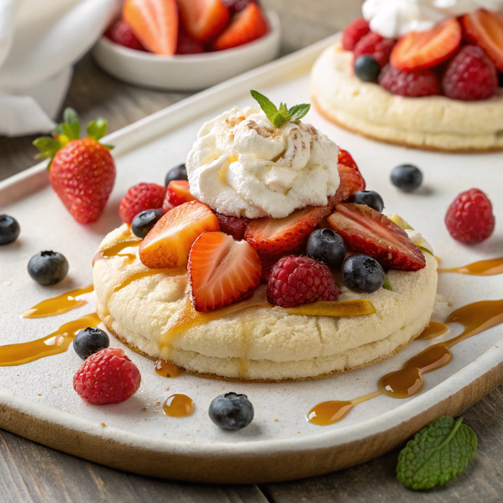 vegan cloud bread topped with vegan whipped cream, fruits and a maple syrup