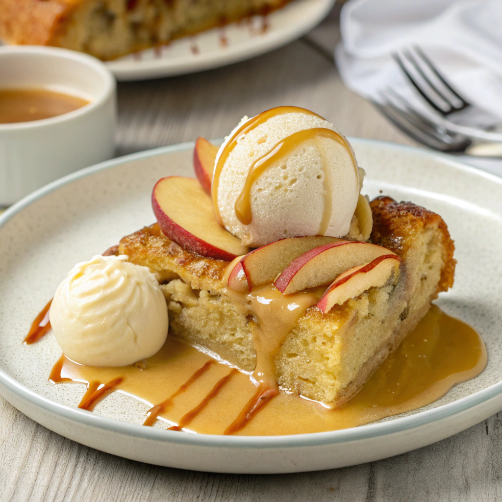 Serving suggestion: Irish apple cake served with custard sauce, a scoop of ice cream, & caramel sauce