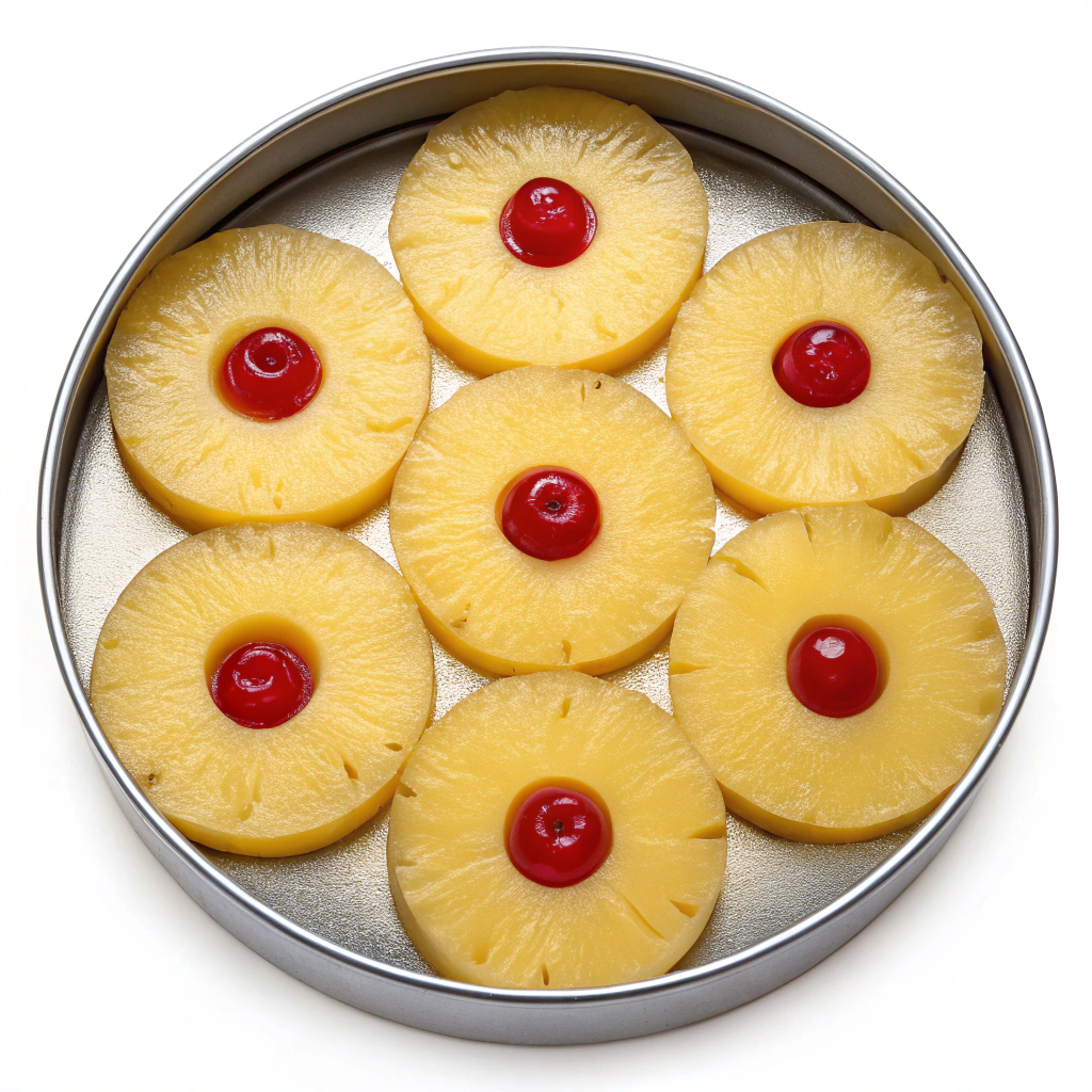 How to arrange the pineapple rings and maraschino cherries in the bottom of the pan