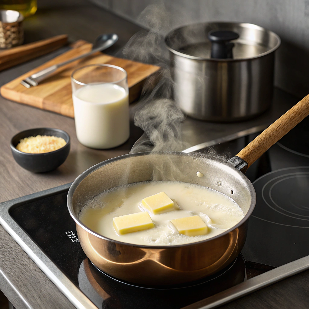 Heat milk and plant-based butter over medium heat.