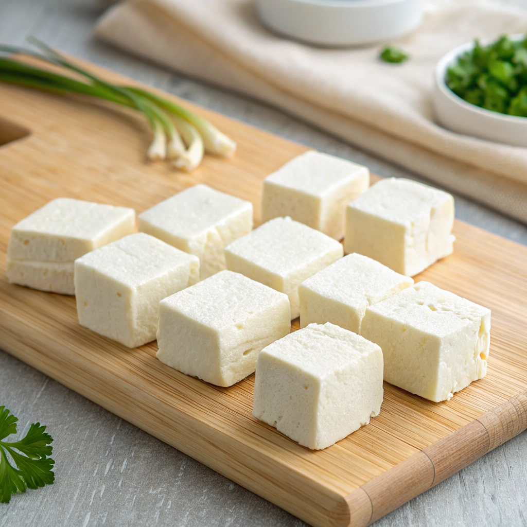 Cut pressed tofu into 1-inch cubes.