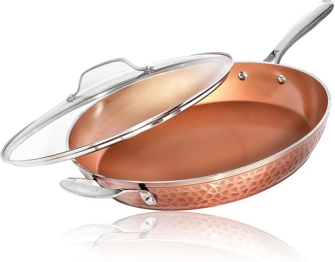 Gotham Steel Hammered Copper 14 Inch Non Stick Frying Pan with Lid