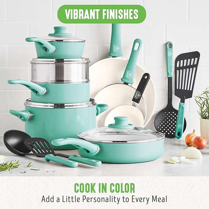 GreenLife Soft Grip Healthy Ceramic Nonstick 16 Piece Kitchen Cookware Pots and Frying Sauce Pans Set