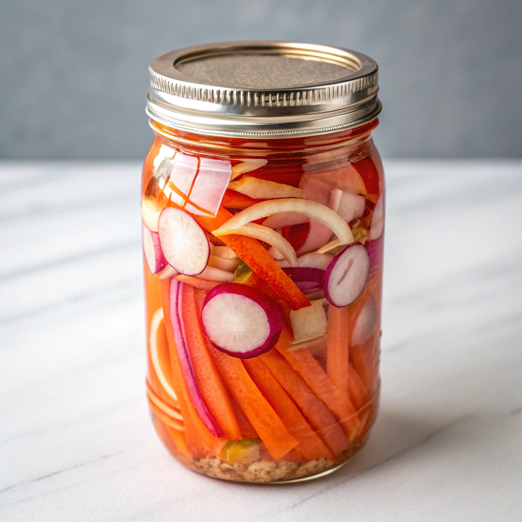 Place julienned carrots, daikon radish, red onion, and red radishes in a jar and pour warm pickling liquid over the vegetables.