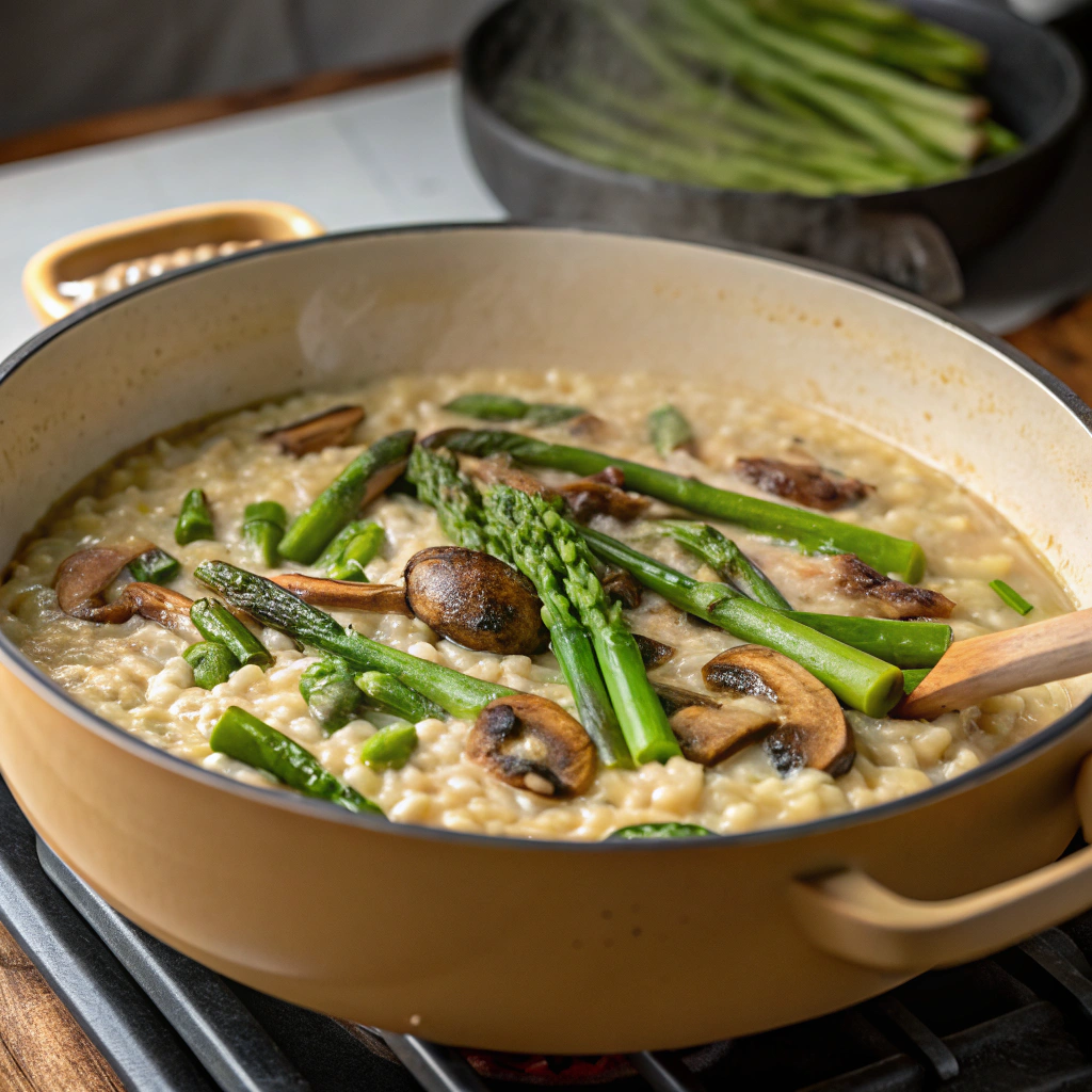 Remove from heat and immediately stir in the cooked mushrooms, asparagus, remaining butter, parmesan cheese, and lemon zest.