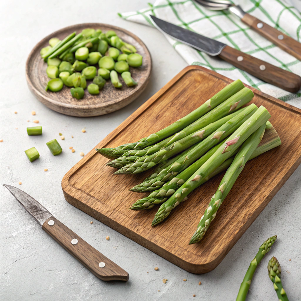 Cut asparagus stalks into 1-inch pieces, keeping the tips separate.