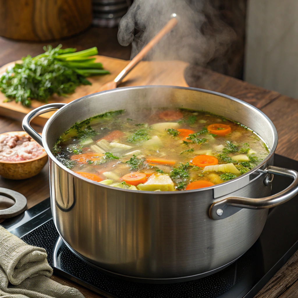 Heat your veggie broth in a large pot and keep it warm on medium-low heat.