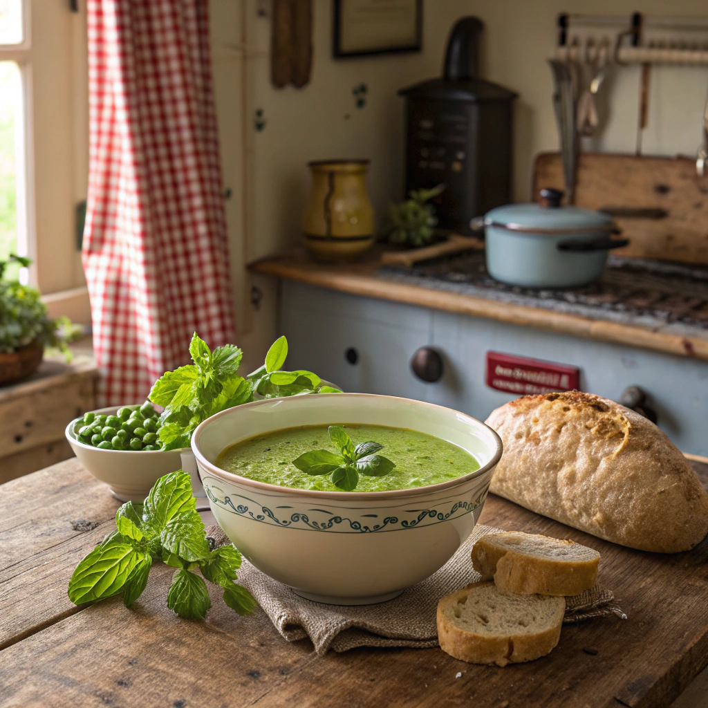 A pea and mint soup on a table in an English old-style kitchen.