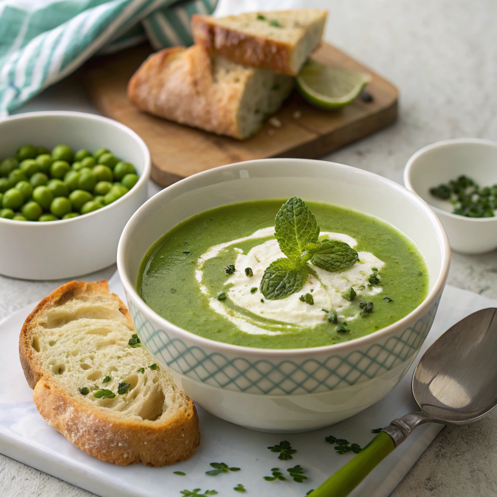 A bowl of pea and mint soup garnished with a dollop of cream and fresh mint leaves and served with crusty bread.
