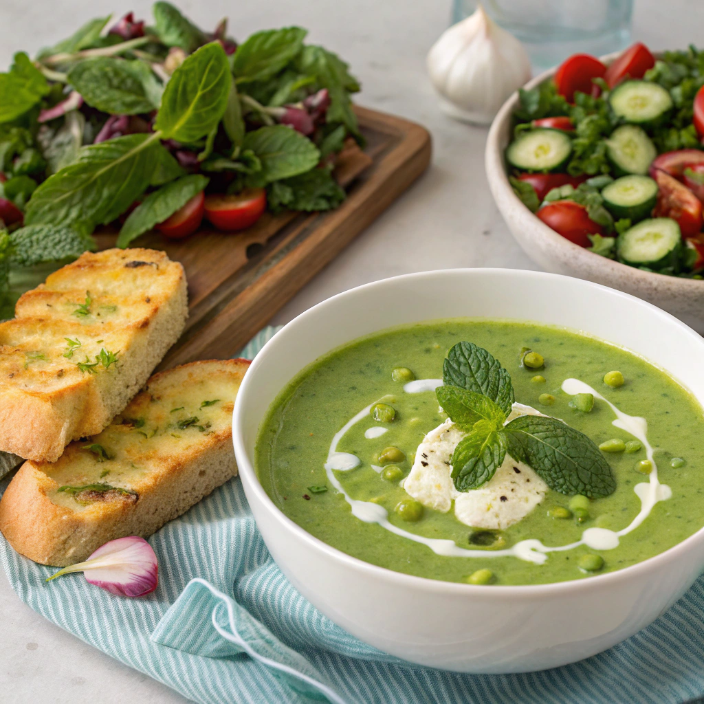 Pea and mint soup paired with garlic bread and a mixed salad for a complete meal.