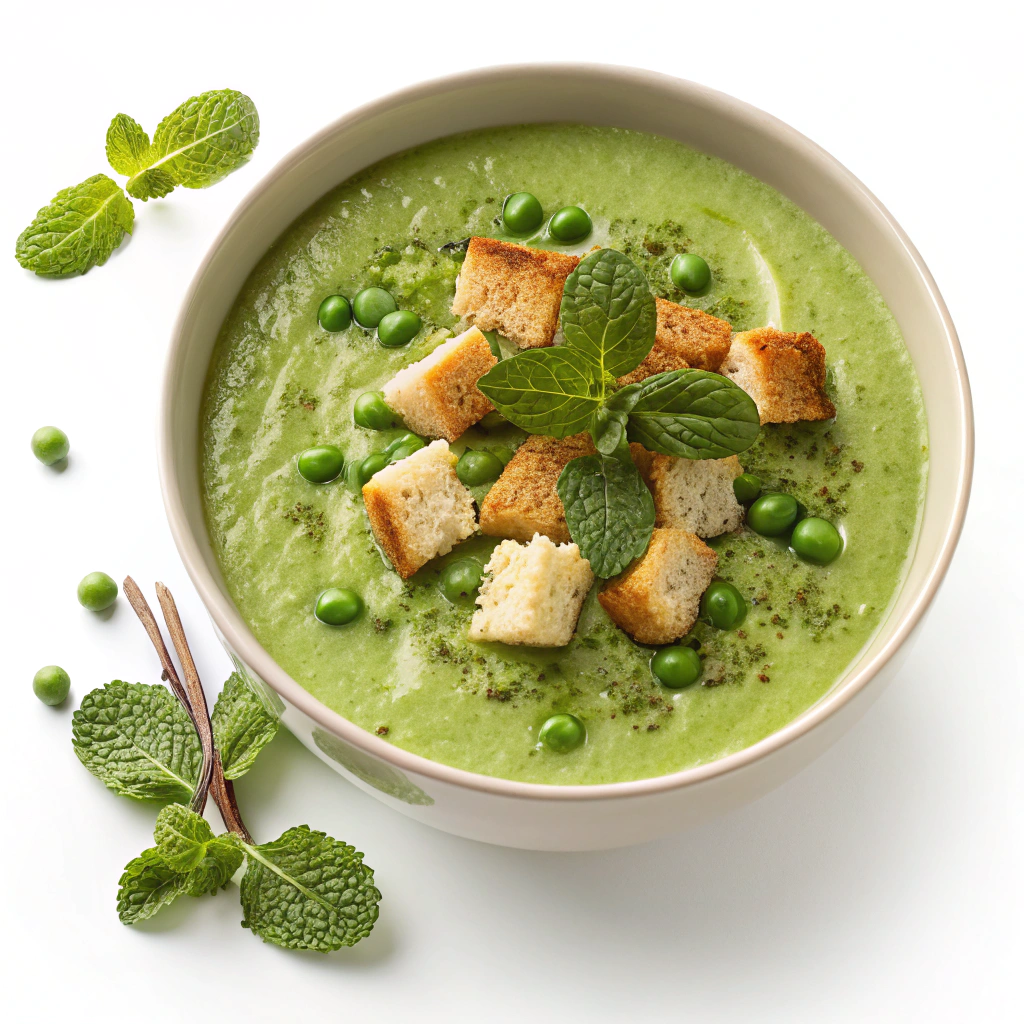 Pea and mint soup with bread croutons for crunchiness.