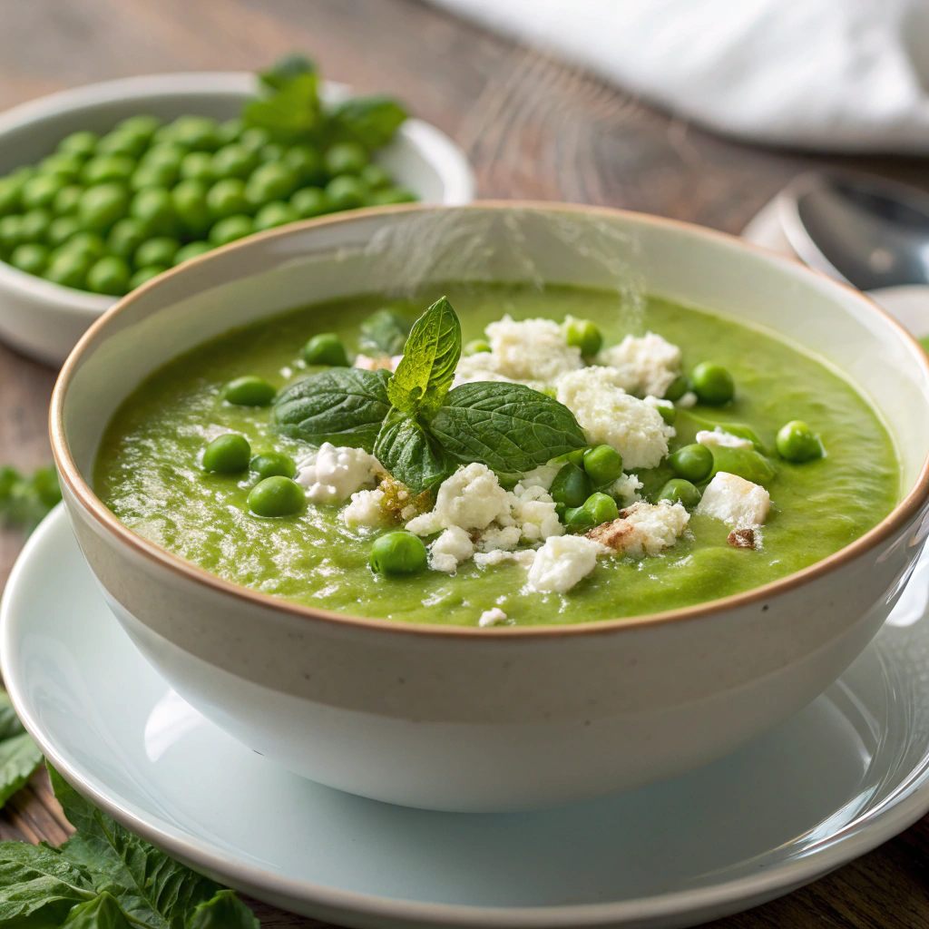 Pea and mint soup with crumbled feta cheese for added protein and creaminess.