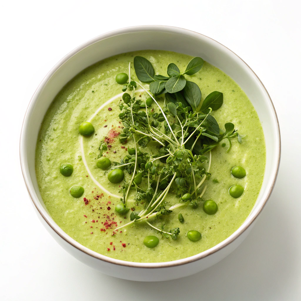 Pea and mint soup garnished with microgreens for added nutrients and freshness.