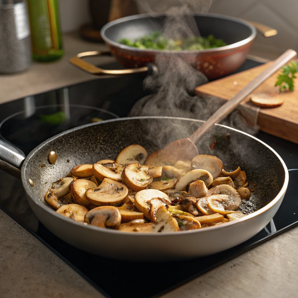 Sauté the sliced mushrooms in a large skillet for 5-7 minutes.