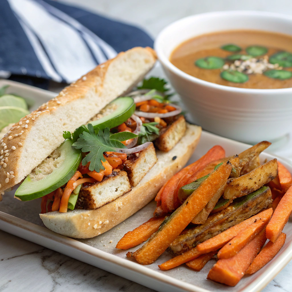 Vegan banh mi sandwich served with a miso soup and crispy sweet potato fries.