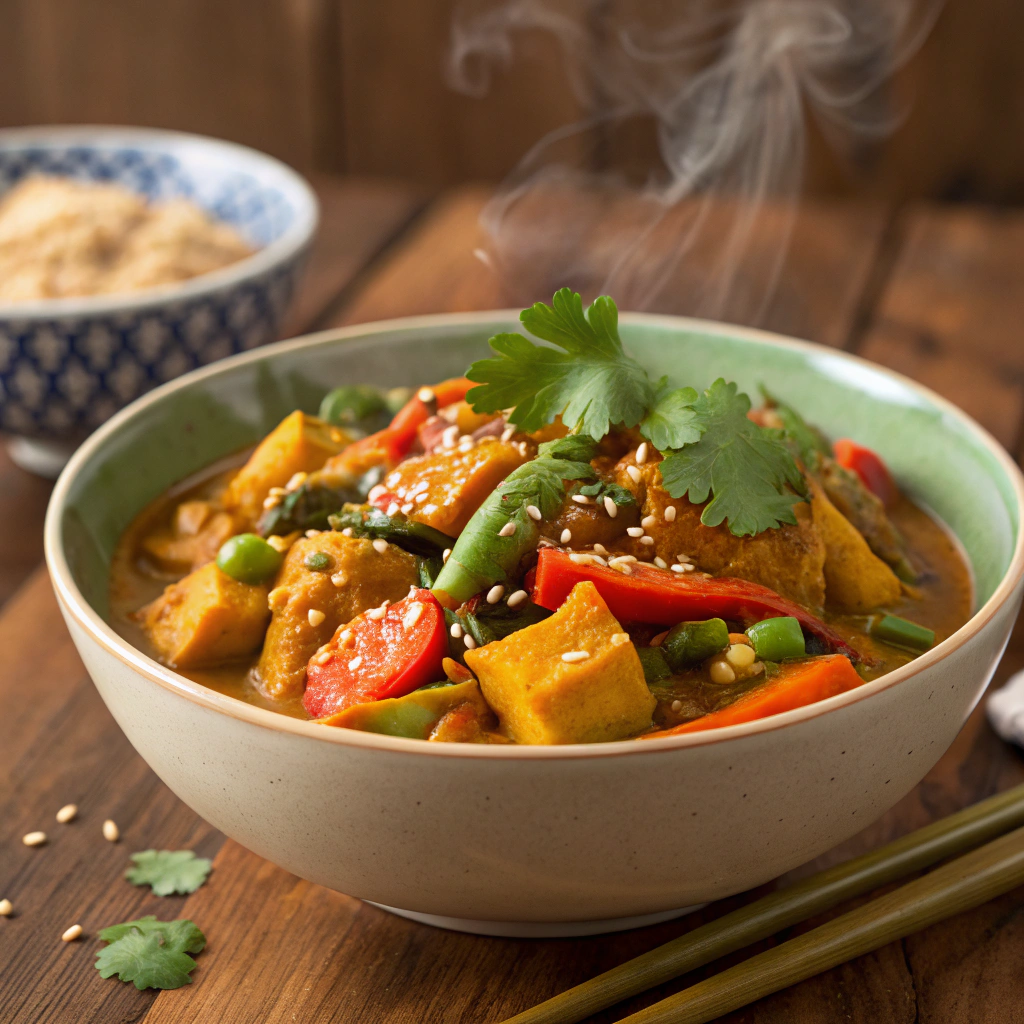 Vegetarian Chinese Curry garnished with cilantro leaves and sesame seeds