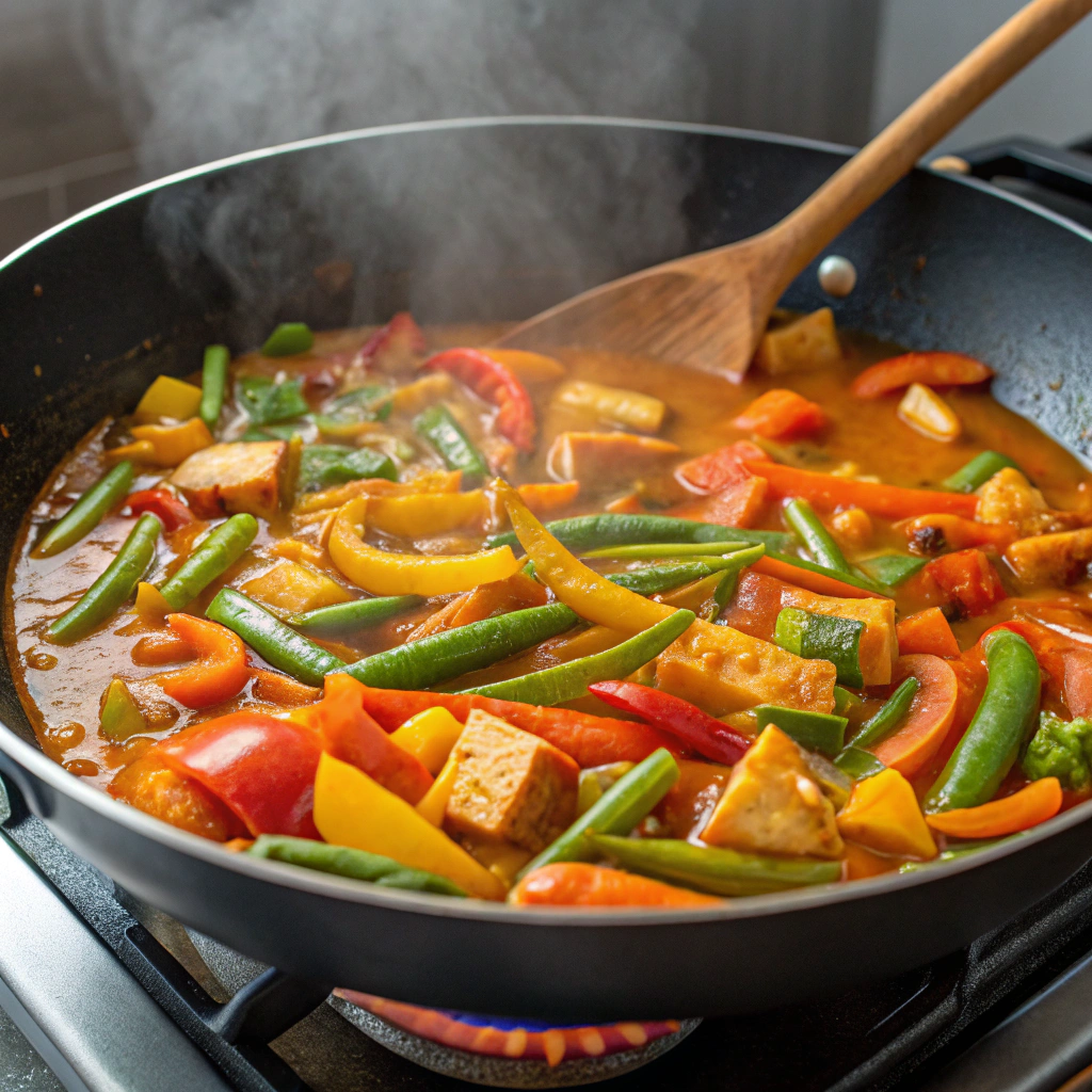 Add Vegetables and Tofu in the curry sauce in the wok.