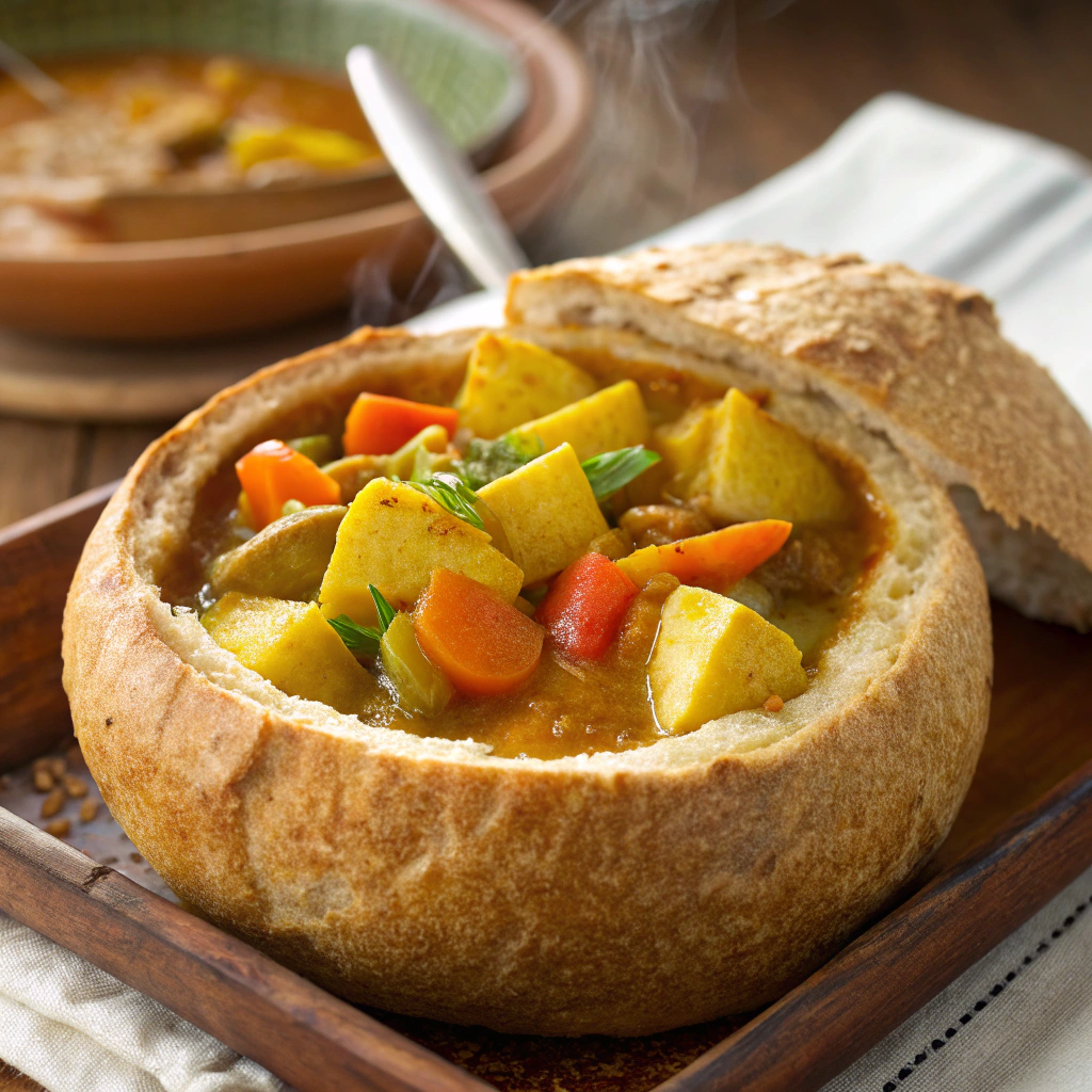 Vegetarian Chinese curry served in a bread bowl for a modern twist.