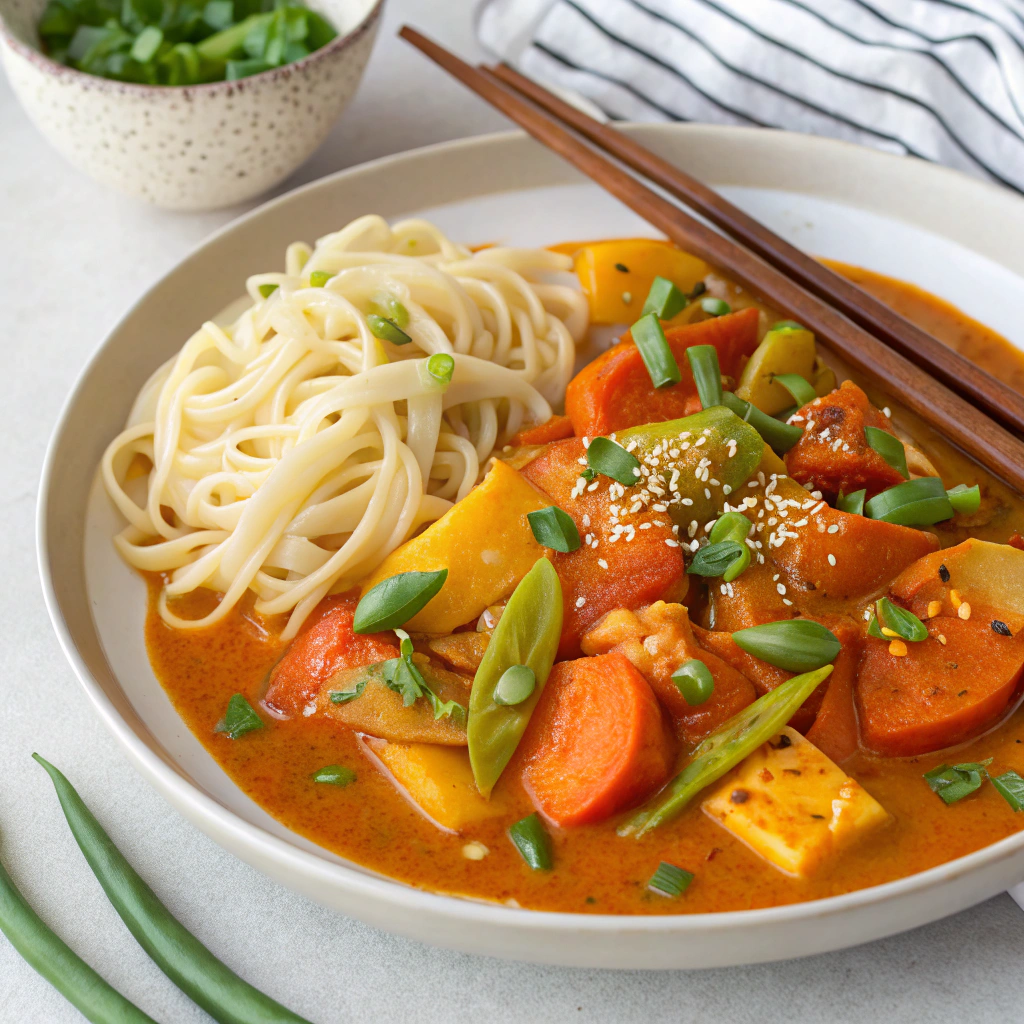Vegetarian Chinese Curry served with egg noodles.