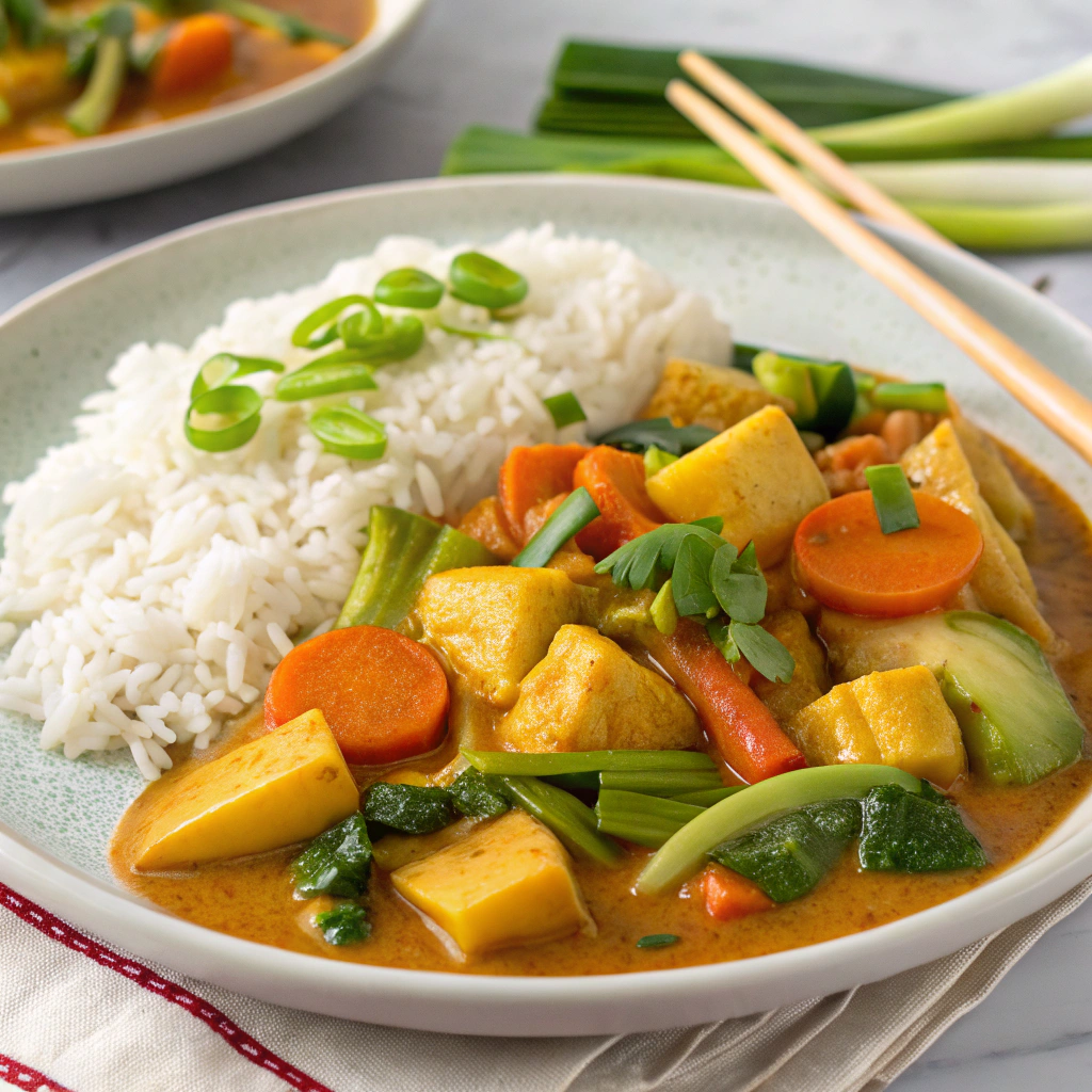 Serve the vegetarian Chinese curry with steamed jasmine rice.
