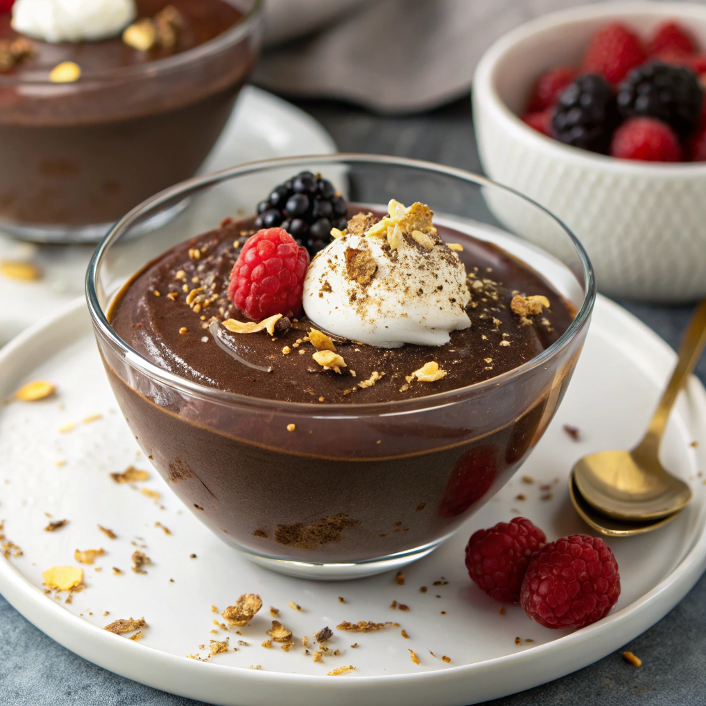 Vegan chocolate mousse topped with fresh berries, a dollop of coconut whipped cream and chopped nuts.