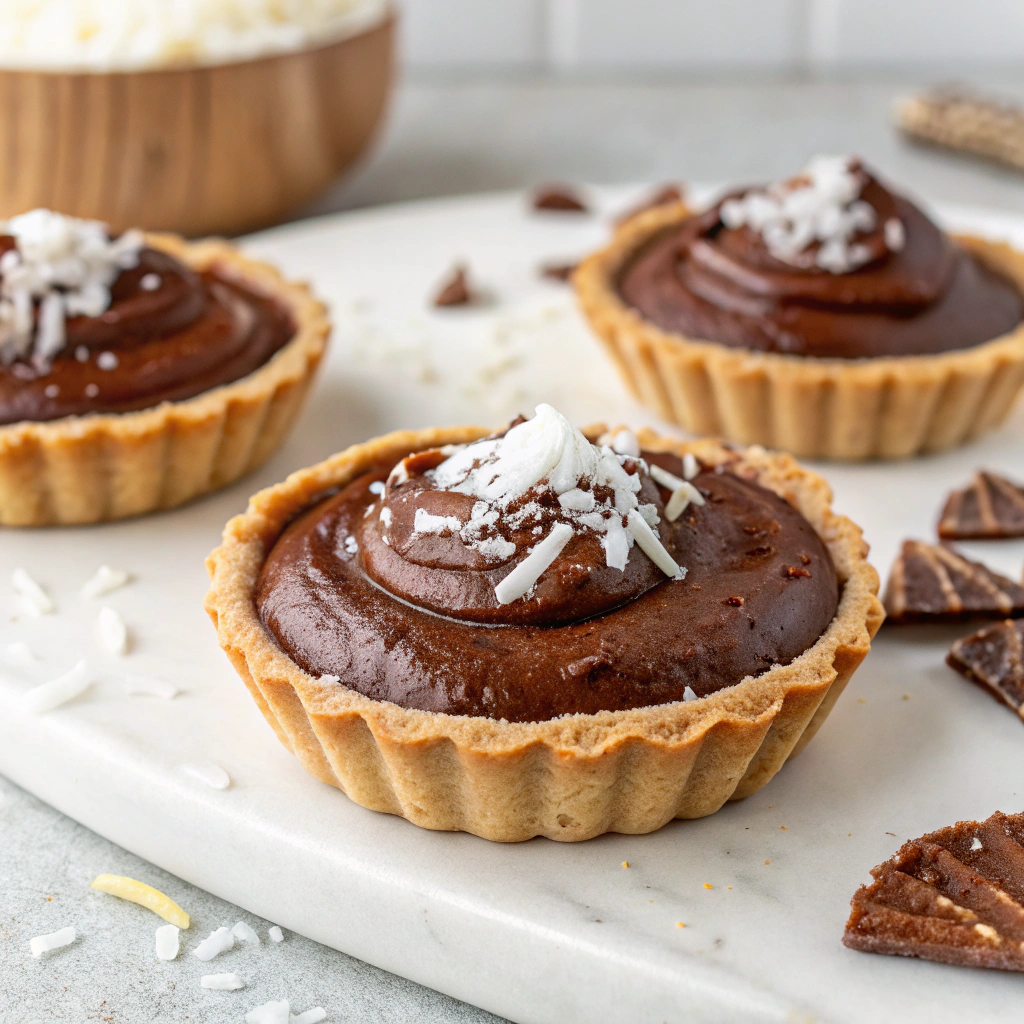 Vegan chocolate mousse topped with grated fresh coconut in tart shells, accompanied with crispy tuile cookies.
