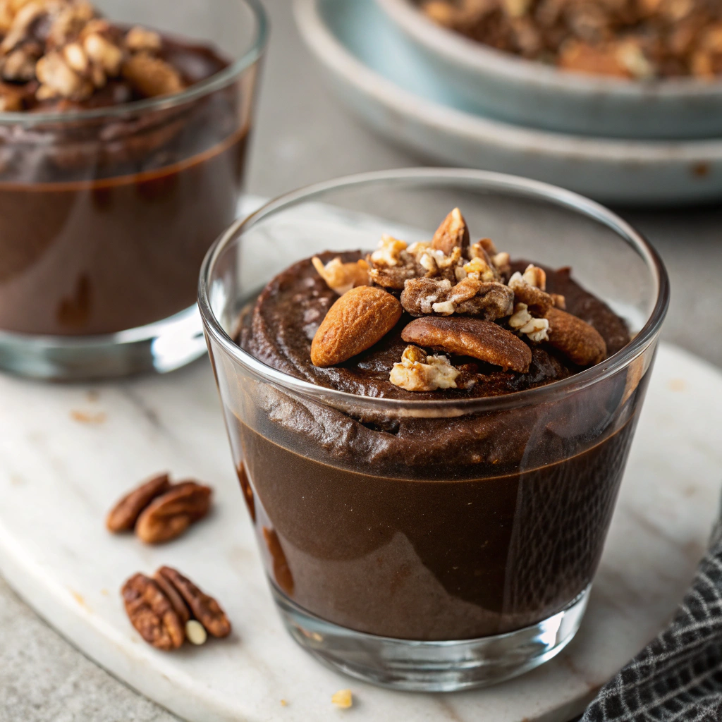 Vegan chocolate mousse topped with toasted pecan nuts in a serving glass.