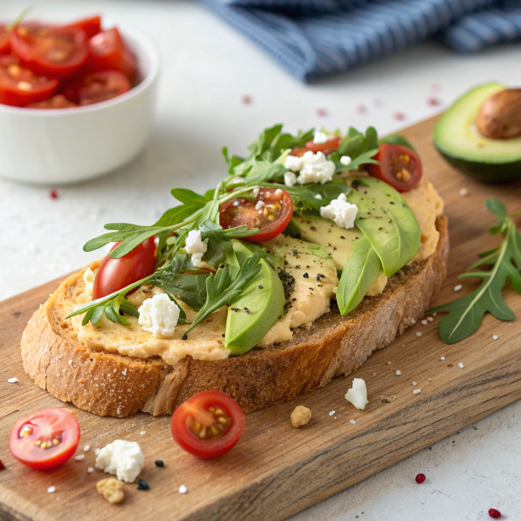 Tahini-free hummus spread on a toasted sourdough slice, garnished with avocado slices, tomato cherries, rocket salad, and feta cheese.