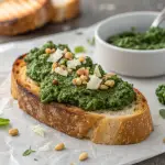 spinach pesto on a toasted slice of bread