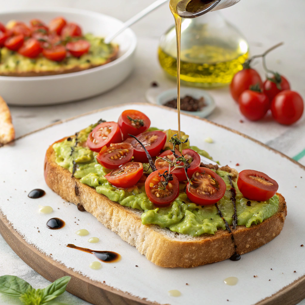 Mediterranean Diet Breakfast: Avocado Toast with Cherry Tomatoes and Olive Oil