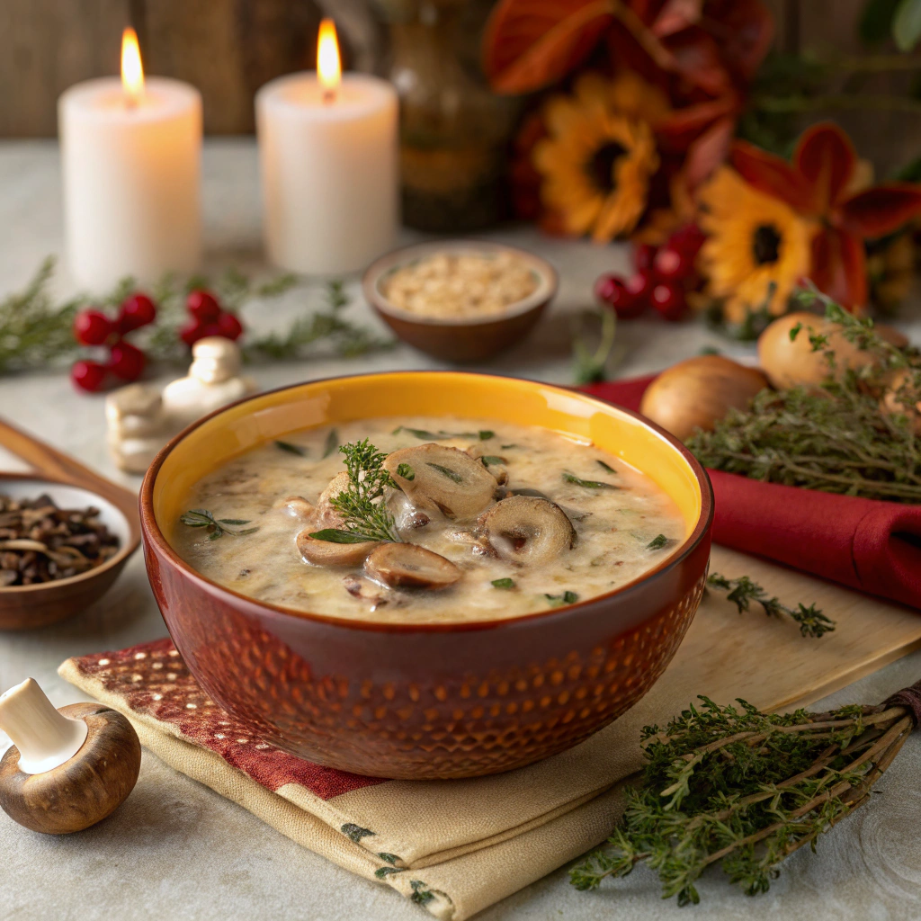 Creamy Mushroom and Wild Rice Soup Festive Vegan Recipe