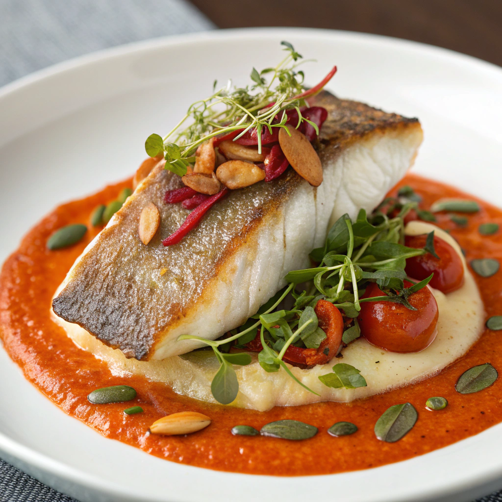 Pan-Seared Sea Bass with Romesco Sauce