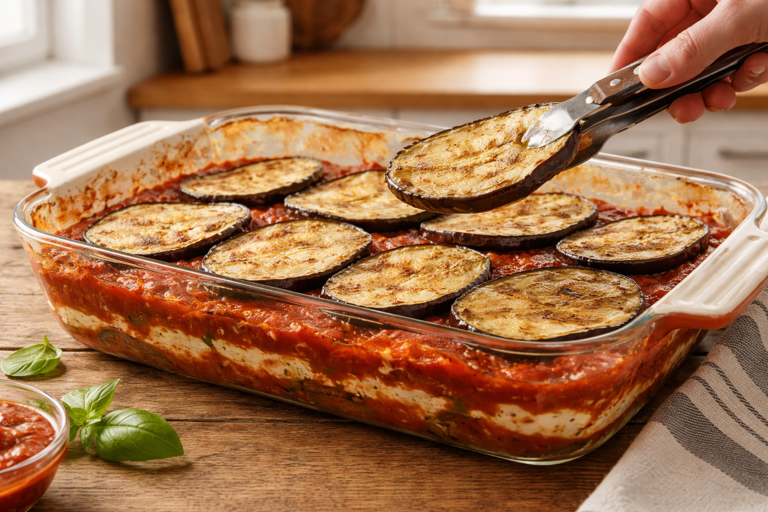 Layering the eggplant casserole.