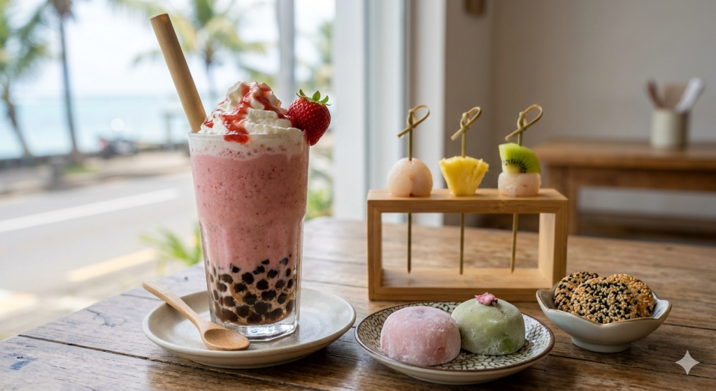 Strawberry bubble tea served with Japanese mochi, sesame cookies, or fresh fruit skewers.