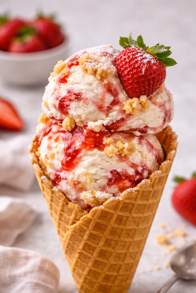 A classic cone of strawberry shortcake ice cream 