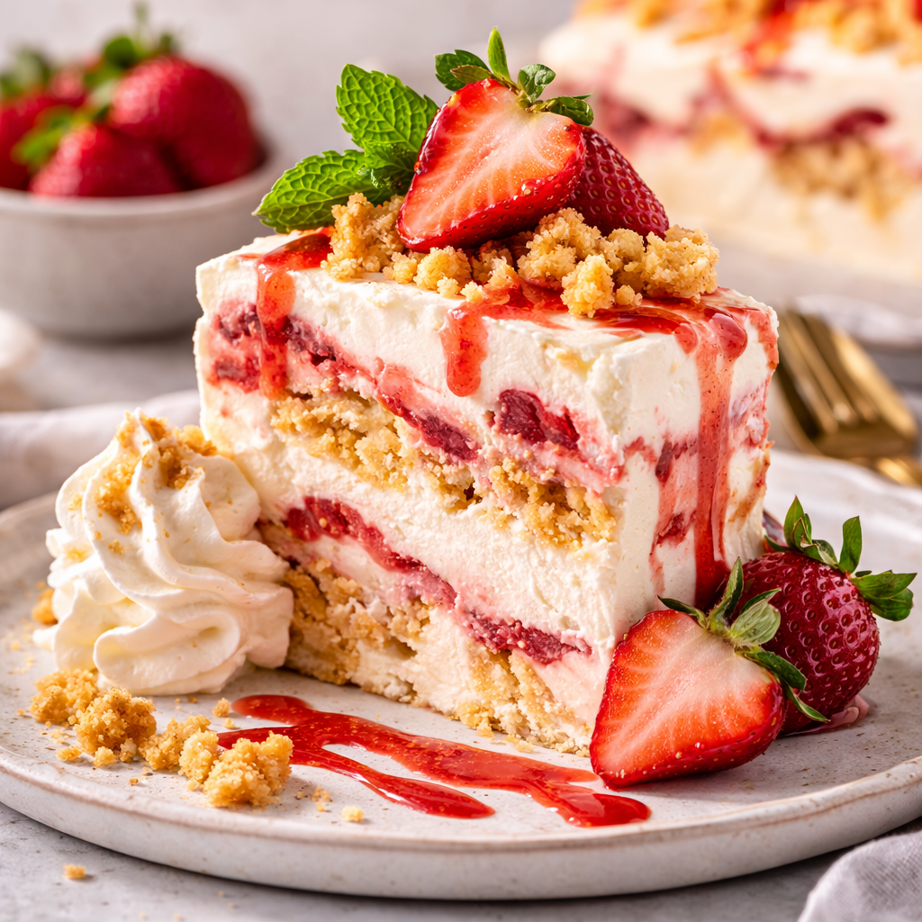 strawberry shortcake ice cream dessert plating.
